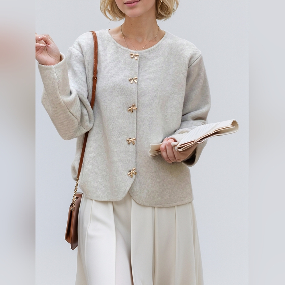 Elegant Light Gray Cardigan Sweater with Gold Bow Accents